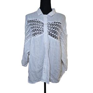 On'eill Women’s White Crocheted 3/4 Sleeve Blouse Size Large Cotton Button Up